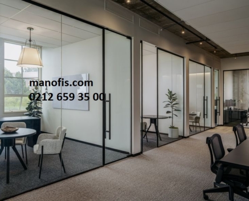 Ofis iç duvar bölme cam ve ahşap panel modeli